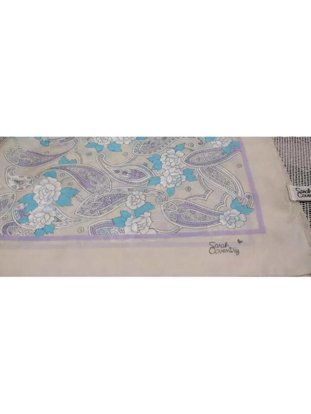 Vintage SARAH CONVENTRY Beige Lilac Lavender Scarf Tan 31 x 31 inches Large Wide